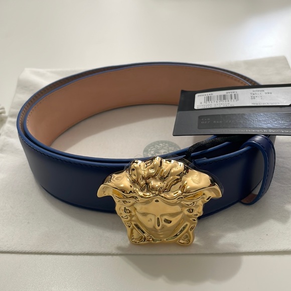 Versace Men’s Gold Medusa Buckle Blue Leather Belt IT 90cm US 36in
